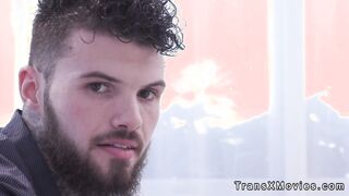 Busty trans gets big cock up his ass on the sofa