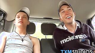 Smooth twinks ass fucking and spilling jizz in car threesome