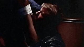 Blonde stud in leather jacked eats ass after sucking dick