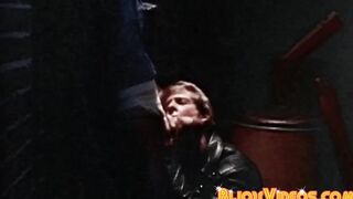 Blonde stud in leather jacked eats ass after sucking dick