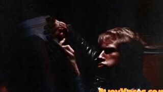 Blonde stud in leather jacked eats ass after sucking dick