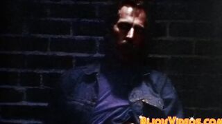 Blonde stud in leather jacked eats ass after sucking dick