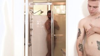 Bearded daddy fills stepsons mouth with big cock