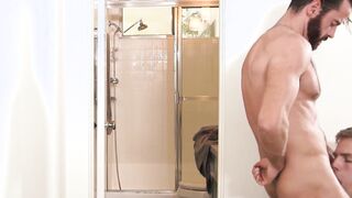 Bearded daddy fills stepsons mouth with big cock