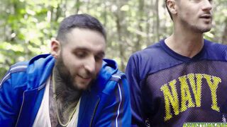 Two buds camping and jerking side by side