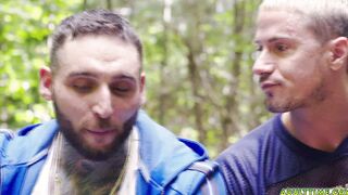 Two buds camping and jerking side by side