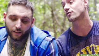 Two buds camping and jerking side by side