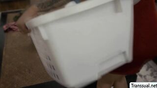 Busty trans maid fucks her boss while stuck on