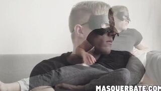 Hot blond ripped hunk loves tugging his dick on a couch
