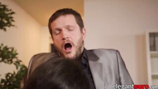 Elegant busty babe in stockings rides massive cock in office