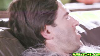 Stepdaughter deepthroating and riding her stepdads cock