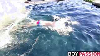 Blonde twink Tyler Thayer jerking his cock near the pool