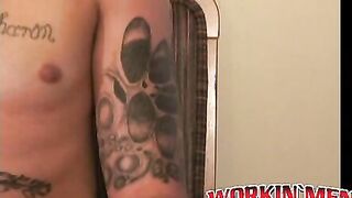 Inked amateur dude with big boner jerks off hard