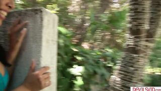 Big tits european milf sucking college dude outdoors