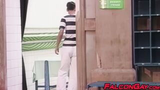 Andrej gulps down Michal's uncut cock in the middle of a public pool