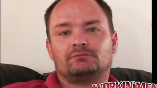 Chubby mature guy masturbates strongly and empties his balls