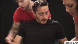 Busty TS fucks gym buddy and rides coachs cock