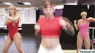 Busty TS fucks gym buddy and rides coachs cock