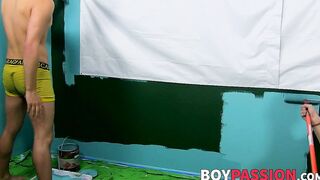 Colorful twink gets feet painted in blowjob induced cum