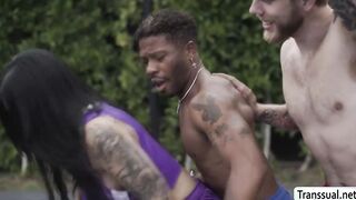 Two varsities fuck slut shemale ass on the court