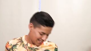 Latino twink Alan cum sprayed after riding raw daddy dick