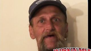 Bearded mature homo jerks off his big dick and comes hard