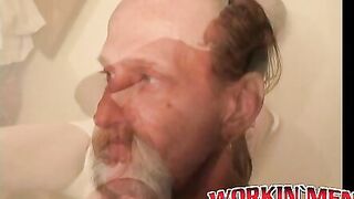Bearded mature homo jerks off his big dick and comes hard
