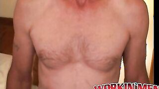 Bearded mature homo jerks off his big dick and comes hard