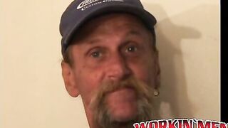 Bearded mature homo jerks off his big dick and comes hard
