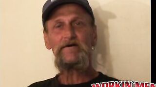 Bearded mature homo jerks off his big dick and comes hard