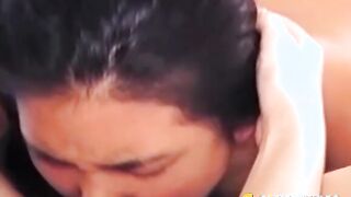 Naughty babe orally pleasured by Asian Lieng Lu in threesome