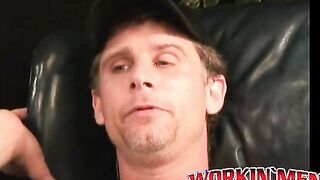 Older gay dude strokes his cock and covers himself with cum
