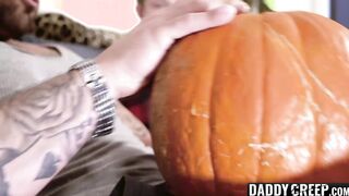 Tattoed dadbod surprised stepson with hot Halloween pumpkin