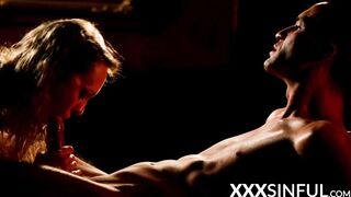 Lustful couple practices slow making out before sensual sex