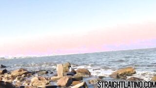 Ebony straight guy banged outdoor in threesome by Latin gays