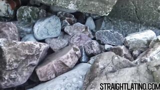 Ebony straight guy banged outdoor in threesome by Latin gays