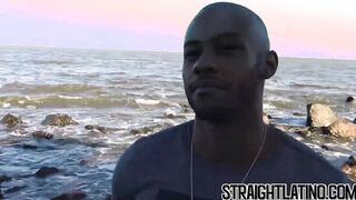 Ebony straight guy banged outdoor in threesome by Latin gays