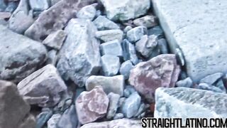 Ebony straight guy banged outdoor in threesome by Latin gays