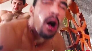Bearded Latino masturbates while he is bare penetrated doggy