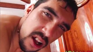Bearded Latino masturbates while he is bare penetrated doggy