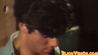 Retro gay video of hunky men bareback breeding in threesome