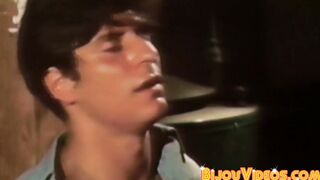 Retro gay video of hunky men bareback breeding in threesome