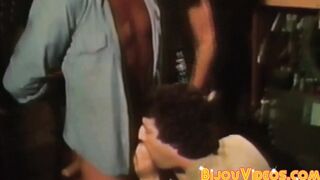 Retro gay video of hunky men bareback breeding in threesome