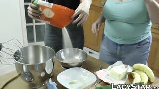 Lacey Starr and inked babe make food and eat pussy