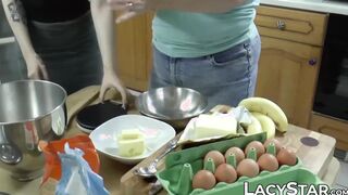Lacey Starr and inked babe make food and eat pussy