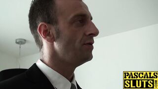 Chubby MILF Alisha sucks and rides stiffed prick on sofa