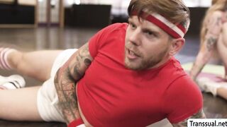 Dance instructor fucks his TS and busty clients ass