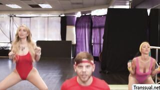 Dance instructor fucks his TS and busty clients ass