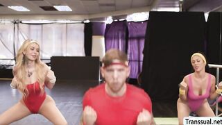 Dance instructor fucks his TS and busty clients ass