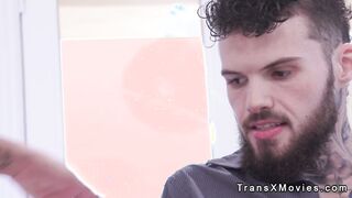 Busty trans in lingerie gets ass fucked by tattooed man